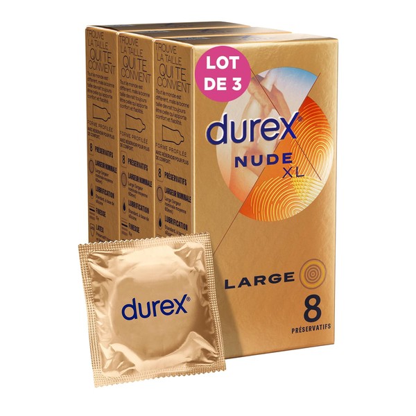 Nude XL Condoms - Extra Fine and Extra Large Condoms - 8 Pieces (24 Nude XL Condoms)