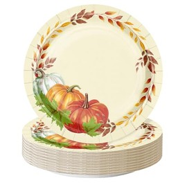 WRAPAHOLIC 25Pcs Fall Paper Plates - 9 Inch Pumpkin and Leaves Disposable Plates Decorative Dinner Plates for Party Tableware Supplies Table Decor