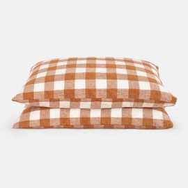 Linen World Fundas de Almohada de Lino a Cuadros Tamaño King - 20"x40" Juego de 2 con Sobre, 100% Lino Vichy Francés, Fundas de Almohada Naturales Suaves y Transpirables, Cuadros Óxido