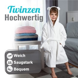 Twinzen Children's Bathrobe for Girls or Boys, 100% Cotton without Chemicals, Oeko-Tex® Certified, 2 Pockets, Belt, Hood with Ears, White, 5-6 Jahre