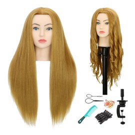 Sirydtm 28" Mannequin Head with Human Hair Light Brown 80% Real Hair Blue eyes Styling Practice Mannequin Head Doll head for Cosmetology & Hairdresser with Free Clamp Stand and Tools（27#）