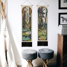 PLIGREAT 2 Pack Mucha Pond Style Tapestry Vertical Art Lotus Wall Hanging with Tassels Aesthetic Wall Tapestry for Bedroom Bathroom Living Room Long Narrow Home Art Decor, 52"x13"