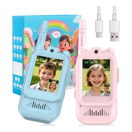 Autgar®walkie-talkie Video Infantil: Pack De 2, Recargable Con Pantalla, Juguete Interior/exterior, 4 Efectos De Voz, Ideal Para Juegos Familiares Y Actividades Al Aire Libre, 3-8 Años (azul/rosa)
