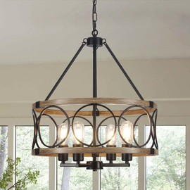 SLBWQ 4-Light Farmhouse Chandelier, Rustic Faux Wood Chandeliers Dining Room Light Fixture, Round Pendant Light, Hanging Kitchen Island Light for Living Room, Entryway, Foyer-Black & Wood Grain