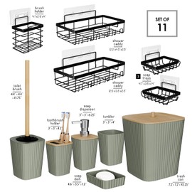 Clara Clark Bathroom Set - Sage Green Bathroom Accessories Set, 6PC Bathroom Accessory Set, Bathroom Sets with Adhesive Corner Shower Caddy Hanging, Toilet Brush, Trash Can & Soap Dispenser
