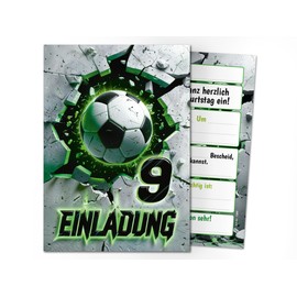 12 Invitation Cards with 12 Envelopes for 9th Children's Birthday Football Children Boys Cool Colourful Invitations Ninth Birthday Invitations Kids