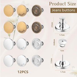 TELAIN Adjustable Jeans Buttons for Perfect Fit, 12 Pieces Trouser Buttons Replacement Set, No Sewing, Metal Jeans Button for Quick Repair and Size Change