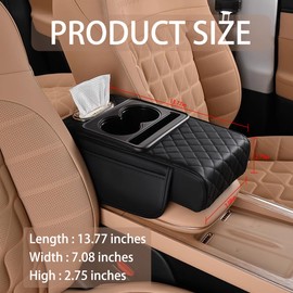 HZEL Car Center Console Cover, Leather Vehicle Armrest Cushion with Storage Bags, Cup Holder ＆ Tissue Box, Waterproof Auto Interior Arm Rest Seat Box Pad, Universal Fit (Black)