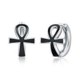 Black Ankh Cross Earrings 925 Sterling Silver Ankh Huggie Hoop Earrings Egyptian Ankh Jewelry Protection Symbol Earrings for Men Women