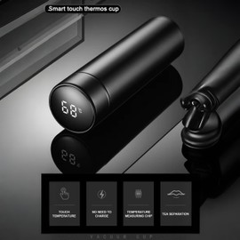 TEQY Thermos Flask with LED Display, 500 ml, Stainless Steel Vacuum Flask with Temperature Display, White