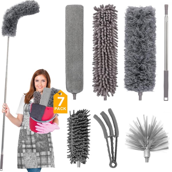 FumyFumy Telescopic Long Extendable Duster, Washable Cobweb Broom with Telescopic Handle, Spider Web Remover, Duster with Telescopic Rod, Extendable to 2.6 m for Spider Webs, 7 Pieces