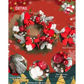 Christmas Door Wreath 20", Artificial Winter Wreath with Hook for Front Door Holiday Wreath with Cotton Red Flower Berries Pine Cones Cinnamon, Christmas Decoration for Windows Wall Outdoor Porch