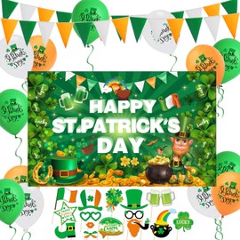 LECONCES St. Patrick's Day Decorations for Irish Party Supplies, Green Banner, Bunting, Photo Booth Props, Latex Balloons, Green Bands, Rope