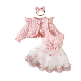 OMEWEE 3PCS Infant Girl Fall Outfits Floral Cardigan Butterfly Dress with Headband Long Sleeve Bolero Baby Girl First Birthday Outfit Photo Shoot Winter Casual Clothes Light Pink 9-12 Months