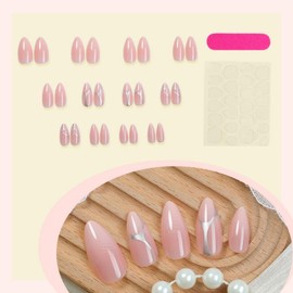 Medium Almond Press on Nails Pink Stick on Nails with Sliver Chrome Design Full Cover Fake Nails Glossy Skin Tones False Nails Reusable Artificial Summer Glue on Nails for Women Girls Manicure 24Pcs
