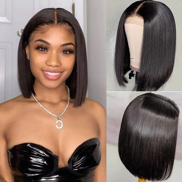 BLY Short Straight Glueless Bob Wigs Human Hair Lace Closure Front Wigs 150% Density Brazilian Virgin Hair For Black Women with Baby Hair Pre Plucked Natural Color 16 Inch