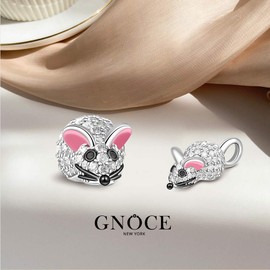 GNOCE 925 Sterling Silver Charm Bracelet Girls Animal and Pets Charm Paved Pure Crystal CZ Stones Pink Enamel Ears Mouse Pendant Fit Bracelet and Necklace, Silver