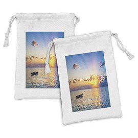 Ambesonne Landscape Fabric Pouch Set of 2, Sun Rising over Ocean on Maldives Seascape Photo Majestic Morning Scenery, Small Drawstring Bag for Toiletries Masks and Favors, 9" x 6", Blue Coral Yellow