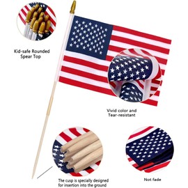 Pack of 50 American Flags with wood Stick, 12x18 Inch US Flags/American Hand Held Stick Flags with Kid-Safe Spear Top, Perfect for Patriotic Decorations, Parades, Veteran Party