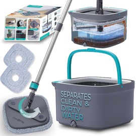 True & Tidy True Clean Spin Mop & Bucket System – Dual Compartment Design for Clean & Dirty Water, 360° Swivel Mop Head, Built-in Scrubbing Brush, Stainless Steel Handle & 2 Reusable Microfiber Pads
