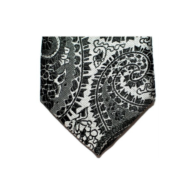 (リトリーズ) RETREEZ ペイズリー アート柄 マイクロファイバー 織り生地 細ネクタイ - ブラック地&シルバー