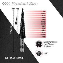 FOCSTOL Cobalt Step Drill Bit - 1/8''-1/2'' Four Spiral Flute HSS Step Drill Bit M35 with Quick Change Hex Shank for Stainless Steel Metal Aluminium Copper Plastic Wood
