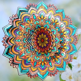 Goollyrusim Mandala Daisy Wind Spinner - 12In 3D Kinetic Metal Wind Spinners, Stainless Steel Laser Cut Hanging Wind Sculpture, Indoor/Outdoor Garden & Yard Art Decor Gifts for Women, Men & Holidays
