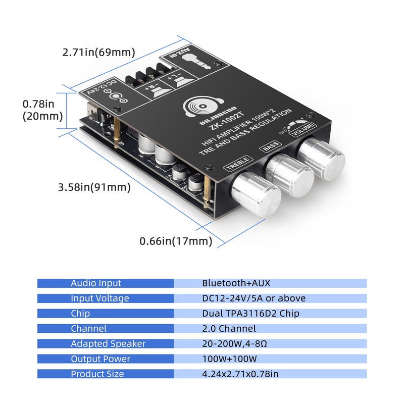 ZK-1002T Bluetooth Amplifier Board, 100W+100W 2.0 Channel Stereo Audio Power