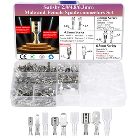 Satisby Spade Connectors,360PCS 2.8mm 4.8mm 6.3mm Male and Female Wire Terminals,Thick 6.3mm Female Spade Connectors,Brass Tin Plating with Insulating Sleeves