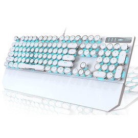 Camiysn Typewriter Style Mechanical Gaming Keyboard, White Retro Punk Gaming Keyboard with Blue Backlit, 104 Keys Blue Switch Wired Cute Keyboards, Round Keycaps for Windows/Mac/PC