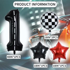 TONIFUL 40 Inch Race Car 1st Birthday Balloons Racetrack Number 1 Black Balloons Wheel Tire Balloons Black White Checkered Balloons Star Balloons Boys Car Themed Birthday Party Decor