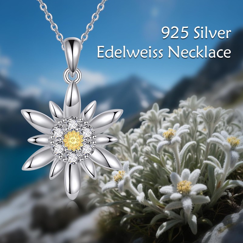 UCADRIT Edelweiss Jewelry Sterling Silver Edelweiss Necklace Flower Pendant White