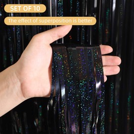 10 Pack Black Foil Curtain Backdrop 3.2ft x 6.6ft Glittering Metallic Tinsel Fringe Streamer Photo Booth Backdrop for Birthday Party Engagement Bachelorette Holiday Decorations (Black)
