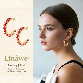 Linawe Ruby Red Chunky Gold Plated Hoop Earrings for Women, Gold Hoops Huggie Earrings, Sparkly Birthstone Rhinestone Cubic Zirconia Crystal Imitation Diamond Half Hoop Earrings