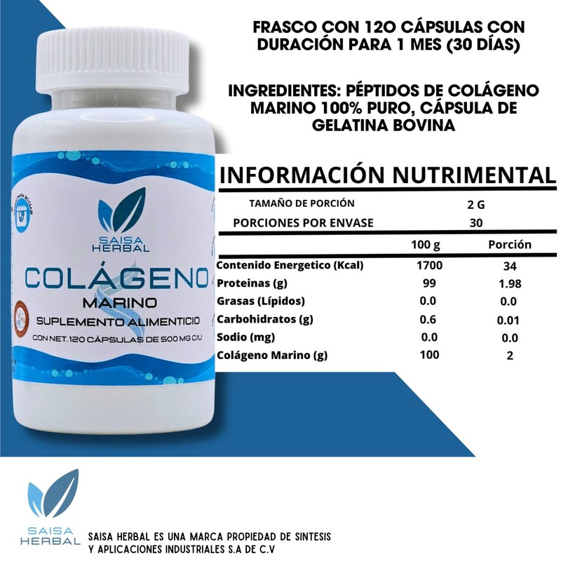 Péptidos De Colágeno Marino Puro 120 Cápsulas Saisa Herbal
