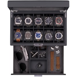 ROTHWELL 10-Slot Watch Box in Leather with Valet Drawer, Luxury Watch Case Display Organizer with Ultra Soft Microsuede Liner, Jewelry and Sunglass Holder With Large Glass top (Carbon)