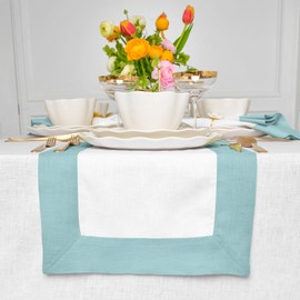 Solino Home Linen Table Runner 108 inches Long – 100% Pure Linen Aqua Blue and White Table Runner 14 x 108 Inch – Farmhouse Table Runner – Contempo