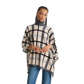 NAADAM Soft 100% Cashmere Plaid Jacquard Poncho, Cream/Dark Grey, OS Plus