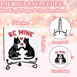 ONDTOM Valentine’s Day Decor - 5x5 Inch Wooden Plaque with Iron Stand, Black Cat Valentine’s Day Tabletop Decor, Office Decorations & Thoughtful Gift for Cat Lovers F10