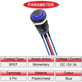 MKBKLLJY 5Pcs 12mm Momentary LED Push Button Switch Black Shell with Pre-Wiring IP65 Waterproof Push Button Switch SPST 2Position ON OFF with Blue LED for Auto Car Marine Boat Truck Equipment