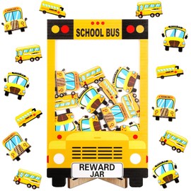 FYSUIMU 39 Pcs Reward Jar for Kids Yellow School Bus Wood Cutouts with Magnetic Sticker Back to School Positive Incentive Behavior Chart with Base for Student Teacher Classroom Management Home