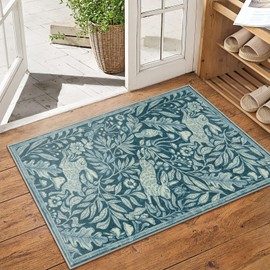Lahome Forest 2x3 Rugs for Entryway, Washable Rabbit Area Rug for Entrance Indoor, Vintage Woodcut Print Turquoise Throw Rug with Rubber Backing, Stain Resistant Door Mat Home Decor (Turquoise, 2'x3')
