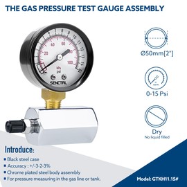 SENCTRL 0-15 Psi Gas Pressure Test Gauge, 2" Dial Size, 3/4" FNPT Connection, Brass Valve, Chrome Plated Steel Body Assembly