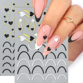 Heart Nail Art Stickers - Valentine's Day Nail Stickers White Black Heart Nail Decals 3D Valentine's Nail Supplies Love Gold-Stamped Lines French Adhesive Decal for Women Girl Nail Decoration 2Sheets