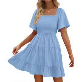 BTFBM Women's Summer Smocked Mini Dress Square Neck Flutter Sleeve Casual Ruffle Flared Swing Boho Beach Dresses Pockets(Light Blue, Small)