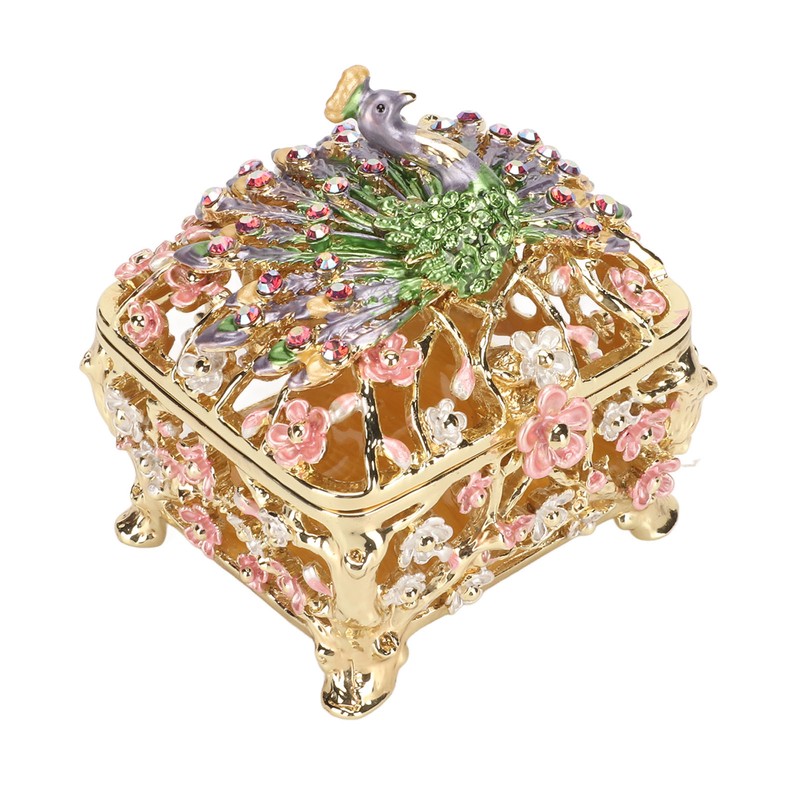 Peacock Trinket Boxes Hand Painted Finish Exquisite Beautiful Rhinestones Hinged