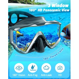 Zeligerstar Snorkel Set Adults, 3 Window Panoramic View Snorkel Mask Anti-Fog, Leak-Proof Scuba Diving Mask with Mesh Bag, Dry Top Mask and Snorkel Set for Adult and Teen