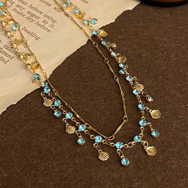 TREE NEST Collar Colgante de Conchas, Collar Zirconia Shell Doble Capas,Cadena de Clavícula,Collares de Joyería para Mujeres, Regalos de Joyería de Boda de Aniversario 20181