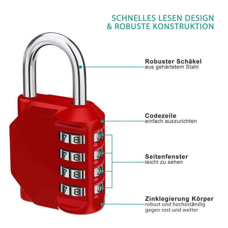 ZHEGE Combination Lock, Weatherproof Padlocks, Lock with Combination Code, 4-Digit