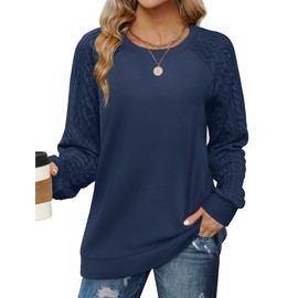 Saloogoe Long Sleeve Tops for Women 2023 Casual Crewneck Sweatshirts Loose Fit Oversized Navy L